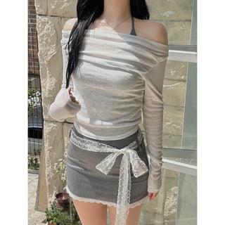 Sheer shirring back ribbon off-shoulder long-sleeved T-shirt