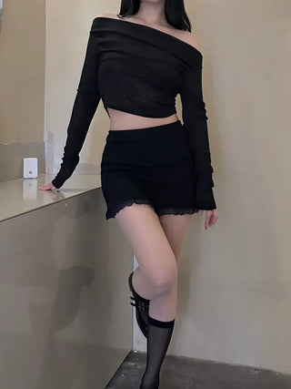 Sheer shirring back ribbon off-shoulder long-sleeved T-shirt