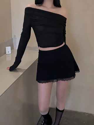Sheer shirring back ribbon off-shoulder long-sleeved T-shirt