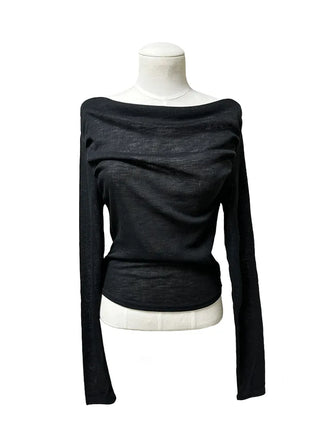 Sheer shirring back ribbon off-shoulder long-sleeved T-shirt