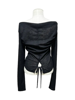 Sheer shirring back ribbon off-shoulder long-sleeved T-shirt