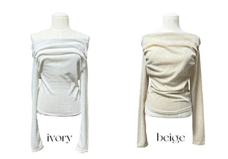 Sheer shirring back ribbon off-shoulder long-sleeved T-shirt