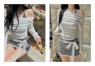 Sheer shirring back ribbon off-shoulder long-sleeved T-shirt