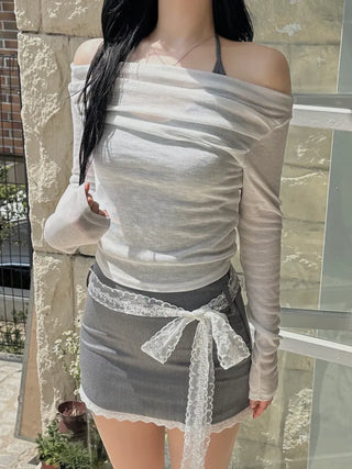 Sheer shirring back ribbon off-shoulder long-sleeved T-shirt