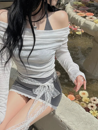 Sheer shirring back ribbon off-shoulder long-sleeved T-shirt