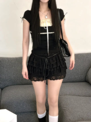 Daisy Lace Ribbon Strap Puff Short Sleeve T-shirt