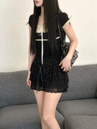 Daisy Lace Ribbon Strap Puff Short Sleeve T-shirt