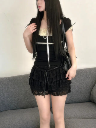 Daisy Lace Ribbon Strap Puff Short Sleeve T-shirt