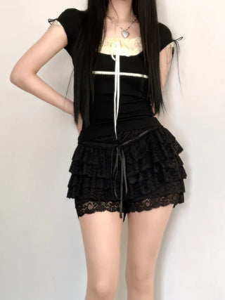Daisy Lace Ribbon Strap Puff Short Sleeve T-shirt