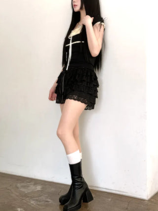 Daisy Lace Ribbon Strap Puff Short Sleeve T-shirt