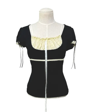 Daisy Lace Ribbon Strap Puff Short Sleeve T-shirt