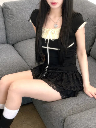 Daisy Lace Ribbon Strap Puff Short Sleeve T-shirt