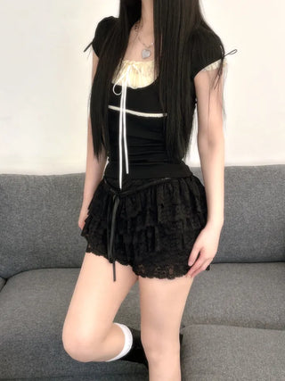 Daisy Lace Ribbon Strap Puff Short Sleeve T-shirt