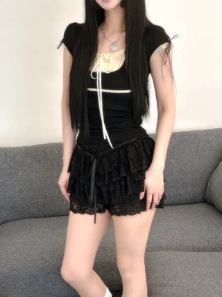 Daisy Lace Ribbon Strap Puff Short Sleeve T-shirt