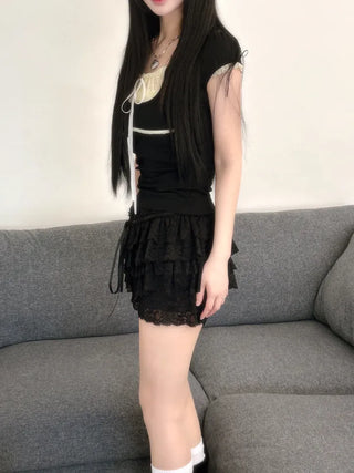 Daisy Lace Ribbon Strap Puff Short Sleeve T-shirt