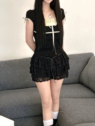 Daisy Lace Ribbon Strap Puff Short Sleeve T-shirt