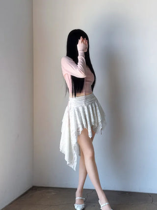 Rose frill unbalanced lace skirt