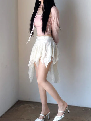 Rose frill unbalanced lace skirt