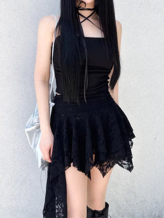 Rose frill unbalanced lace skirt