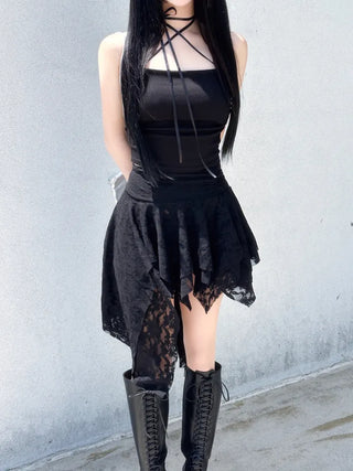Rose frill unbalanced lace skirt
