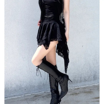 Rose frill unbalanced lace skirt