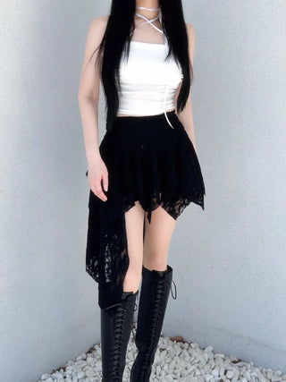 Rose frill unbalanced lace skirt