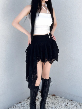 Rose frill unbalanced lace skirt