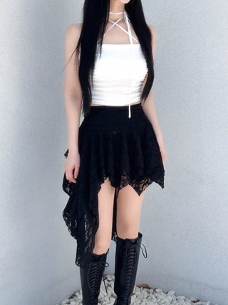 Rose frill unbalanced lace skirt