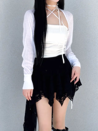 Rose frill unbalanced lace skirt
