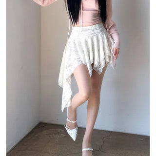 Rose frill unbalanced lace skirt