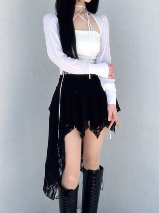 Rose frill unbalanced lace skirt