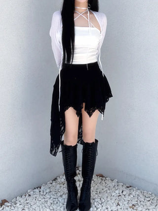 Rose frill unbalanced lace skirt