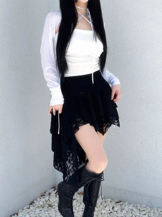 Rose frill unbalanced lace skirt