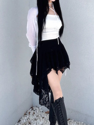 Rose frill unbalanced lace skirt