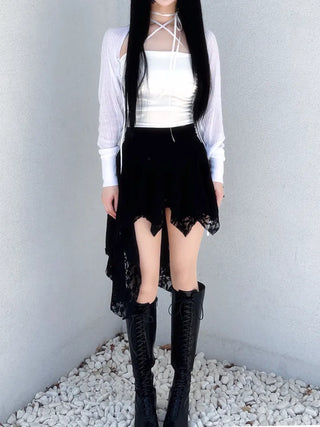 Rose frill unbalanced lace skirt