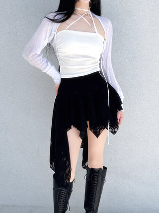 Rose frill unbalanced lace skirt