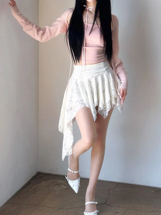 Rose frill unbalanced lace skirt