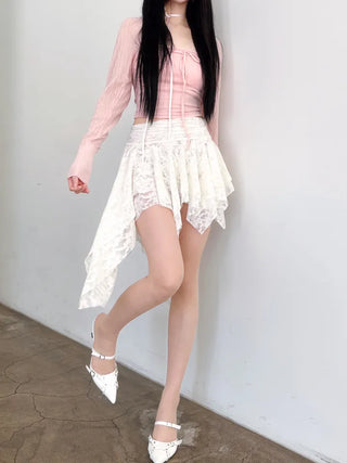 Rose frill unbalanced lace skirt
