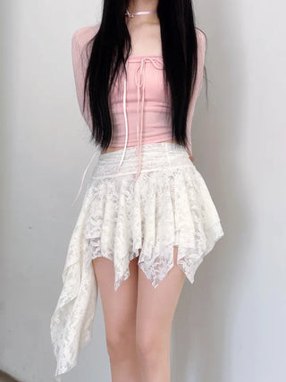 Rose frill unbalanced lace skirt