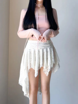 Rose frill unbalanced lace skirt