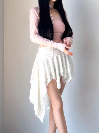 Rose frill unbalanced lace skirt