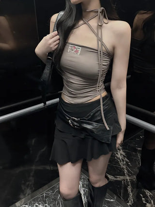 Rose Patch Strap Shirring Crop Tube Top