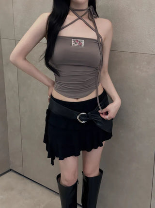 Rose Patch Strap Shirring Crop Tube Top