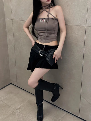 Rose Patch Strap Shirring Crop Tube Top