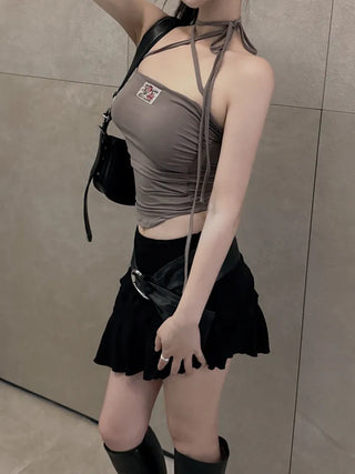 Rose Patch Strap Shirring Crop Tube Top