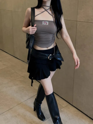 Rose Patch Strap Shirring Crop Tube Top