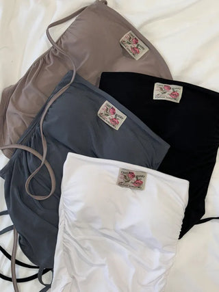 Rose Patch Strap Shirring Crop Tube Top