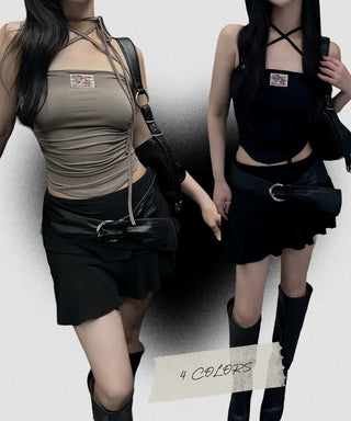 Rose Patch Strap Shirring Crop Tube Top
