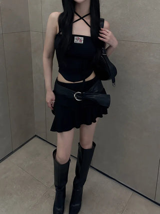 Rose Patch Strap Shirring Crop Tube Top