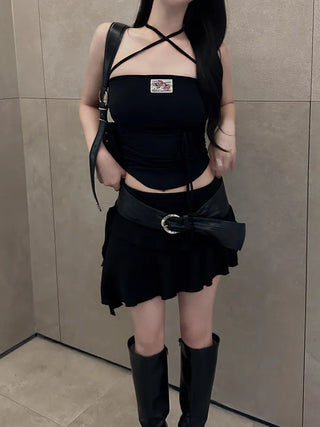 Rose Patch Strap Shirring Crop Tube Top